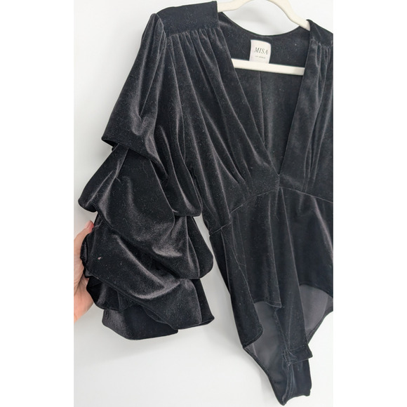 Misa Linde Black Velvet Ruffle Sleeve V Neck Bodysuit Fairy Renaissance Glam SM - Picture 6 of 14